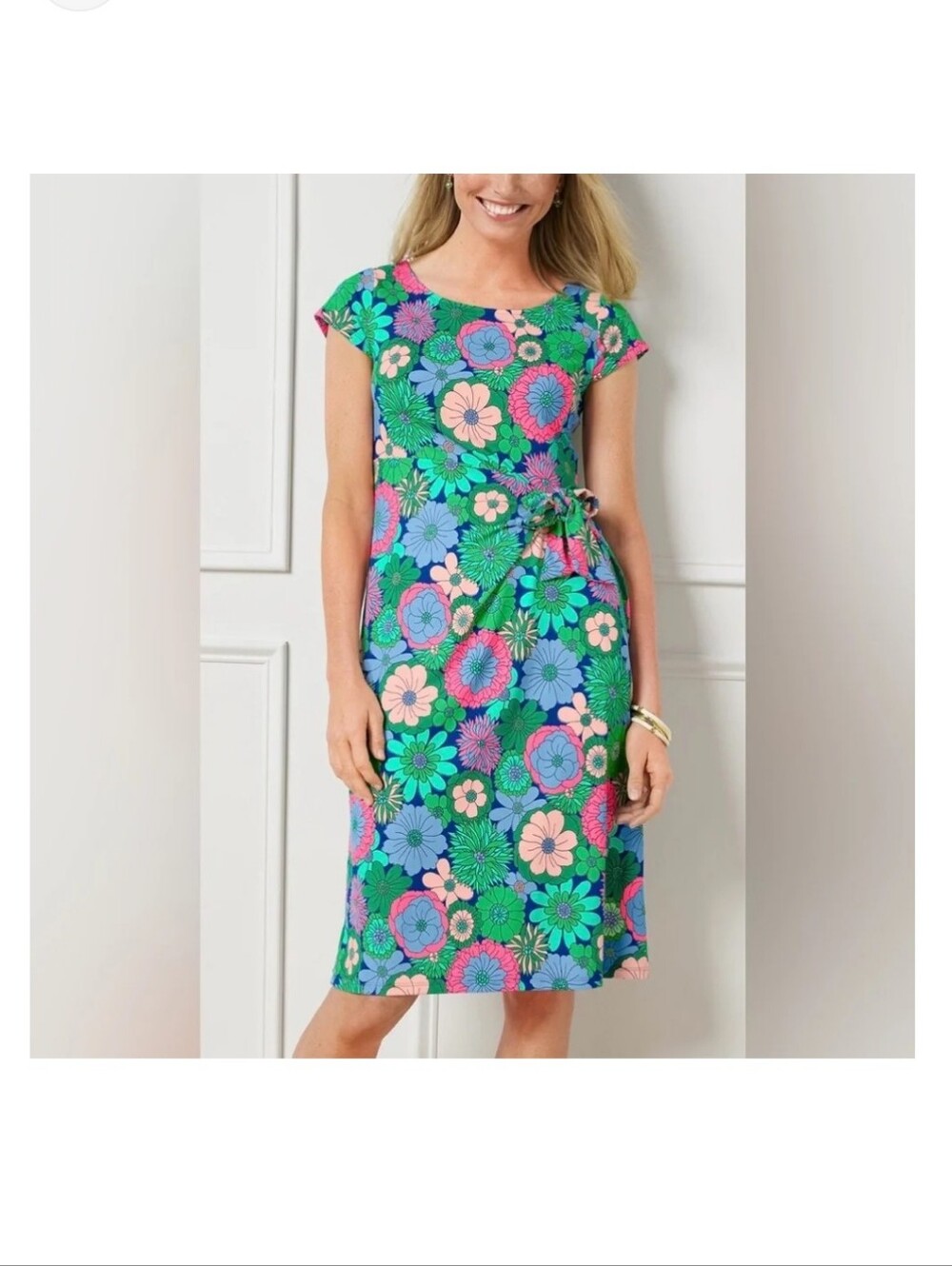 Talbots Effortless Jersey Green and Pink Floral Tie-Waist Midi Dress Small